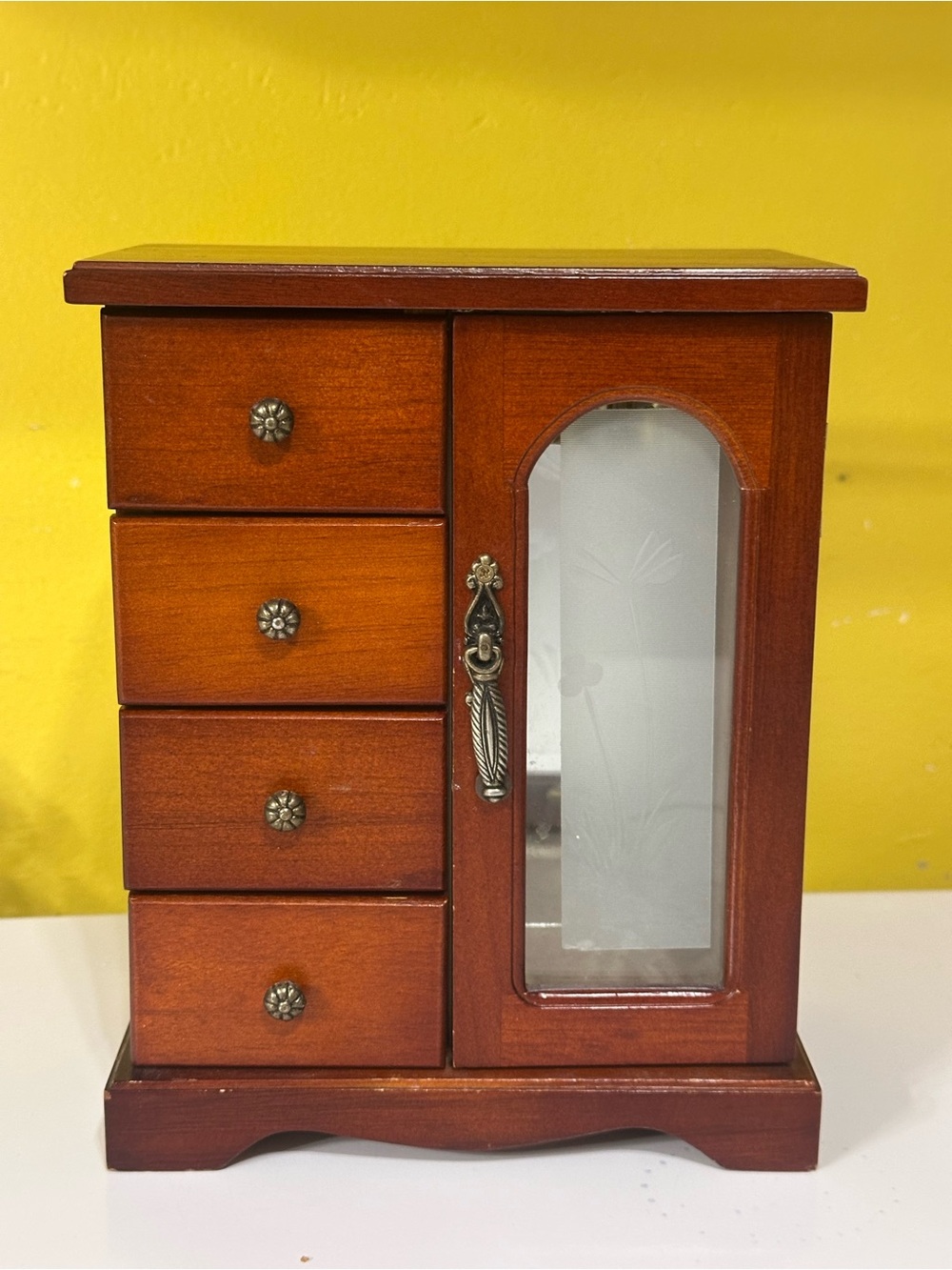 Vintage Wooden Jewelry Box Mini Cabinet 4 Drawer Glass Door Trinket Chest